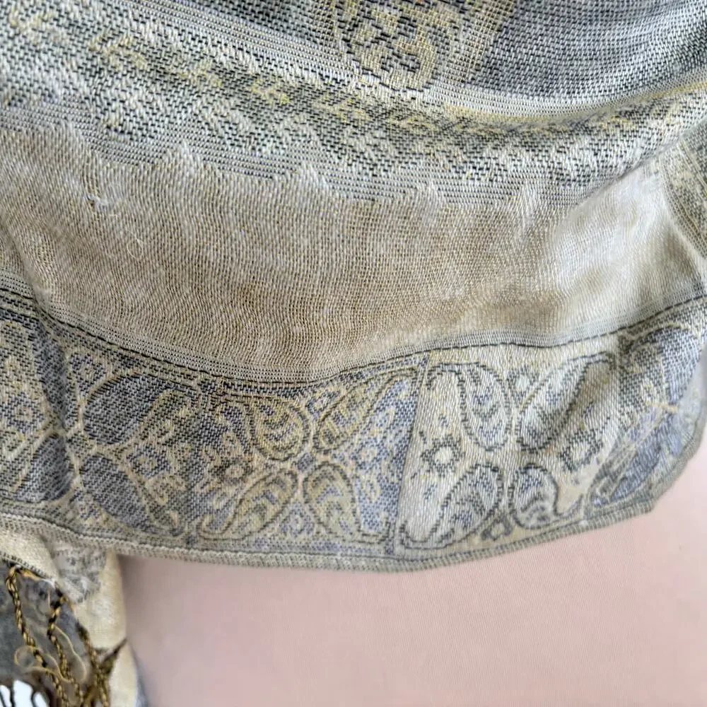 PASHMINA Silk Blend Paisley Tapestry Wrap Shawl Neutral Print Fringe Boho Hippie